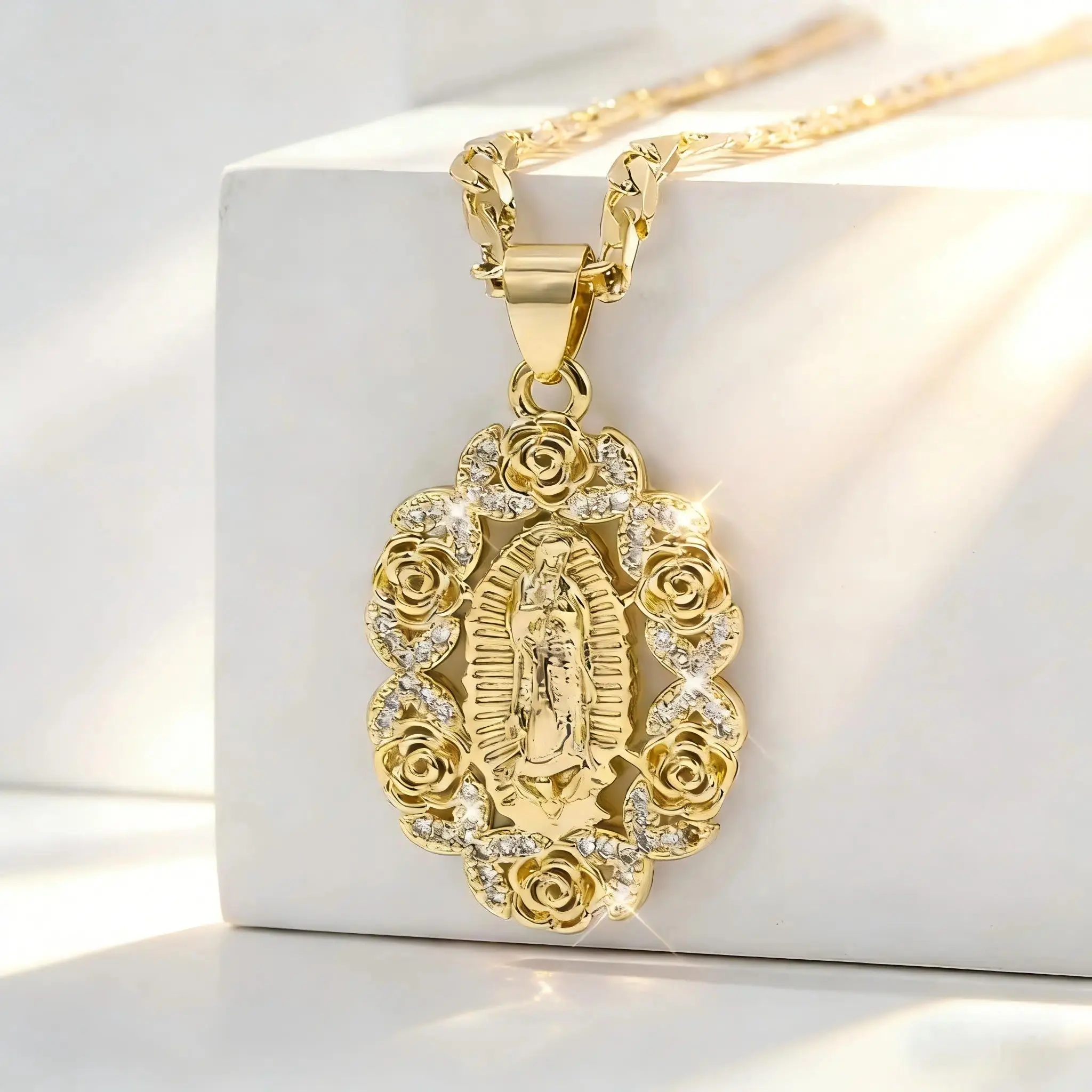 FringeFlutter 14K Our Lady Virgin Mary Pendant Necklace - Rose Motif Floral Frame Cuban Link Chain, Cubic Zirconia Christian Catholic Jewelry, Exquisite Gift for Mom, Adult Female Sports & Outdoor Protective Accessory
