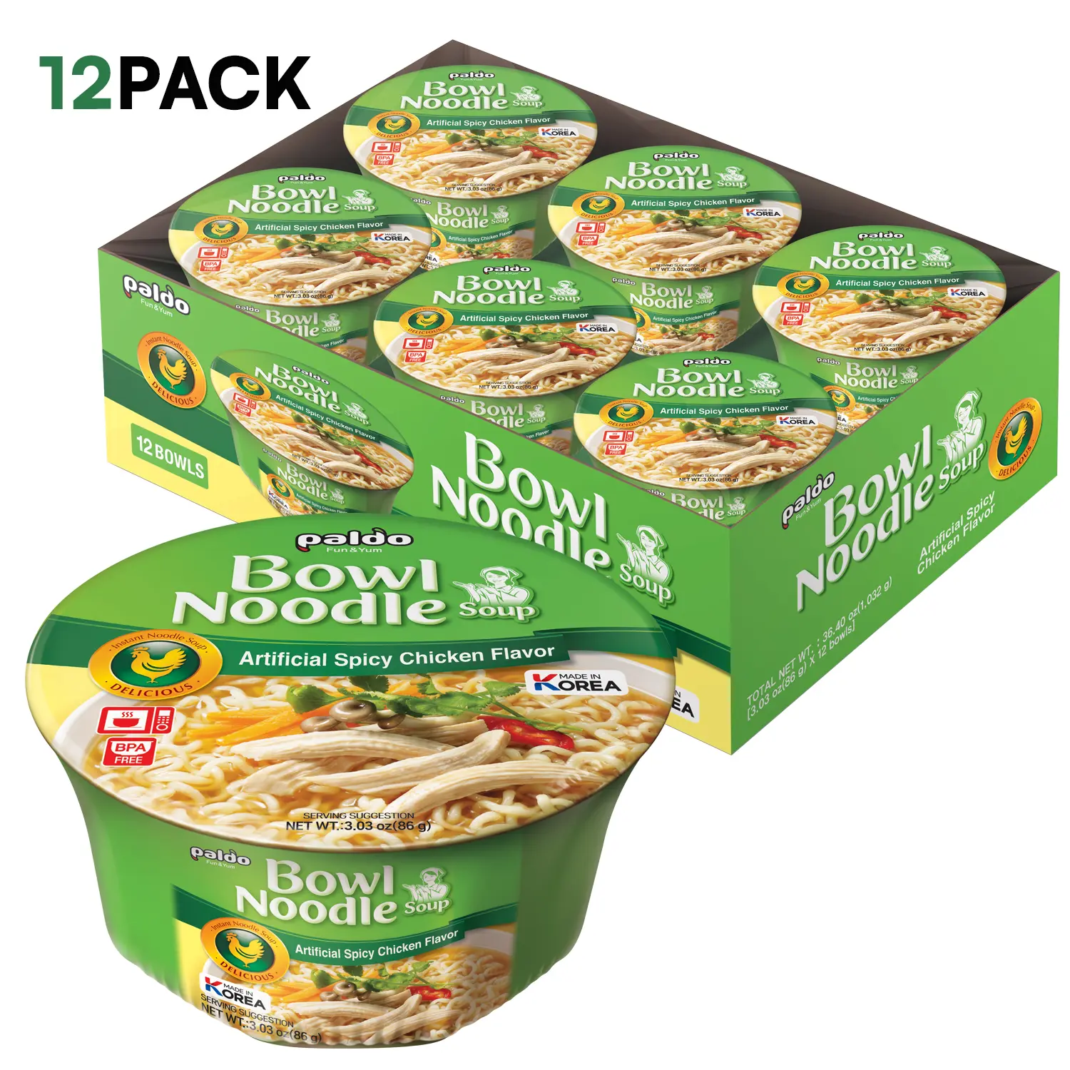 [Paldo Official]Paldo Fun & Yum Instant Cup Noodle Soup Bowl with Chicken Flavored Broth, Pack of 12, Best Oriental Style Korean Ramyun, Most Loved Korean Noodles, 86g (3.03 oz) (Pack of 12)