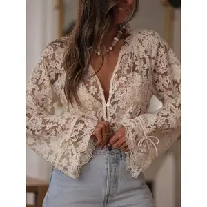Women Causal Loose Flower V Neck Long Flare Sleeve Button-up Sheer Lace BlouseGift