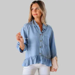 Women's Feminine Breathable Lightweight 100% Lyocell Light Wash Chambray Button-Down Shirt, Half-Sleeve Collared Peplum Top with Ruffled High-Low Hem, Casual Versatile for Everyday & Summer Outfits, Beau Blue