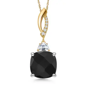 925 Silver and 10K Yellow Gold Black Onyx and White Moissanite and Lab Grown Diamond Pendant Necklace for Women | 5.79 Cttw | Gemstone December Birthstone | Cushion Checkerboard 12MM | With 18 Inch Chain