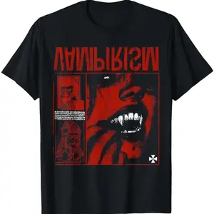 100% cotton Dark Gothic Black and Red Vampire Emo Y2K Grunge Streetwear T-Shirt QMQ