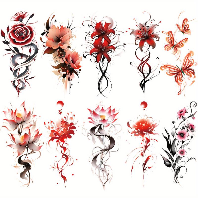 10pcs Set of Colorful Rose, for Lotus, and Butterfly Arm Temporary Tattoos, Suitable for Adults of Both Genders, Large Half-Sleeve Body Art Temporary Tattoo Stickers, Waterproof and Realistic Temporary Tattoos