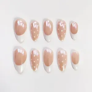 White polka dots nails/Chrome nails/White French Nails/Elegant Nails/Cute Nails/Press on nails long almond nails/Custom nails