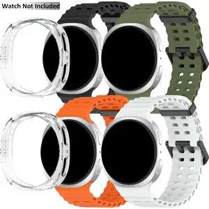 4-Pack Silicone Band for Samsung Galaxy Watch 8 Classic 46mm/Galaxy Watch 8 44mm 40mm Come with 2pc Clear Case, No Gap Soft Breathable Marine Replacement Sport Strap for Galaxy 8 Watch Bands Men Women Smart Watch Strap