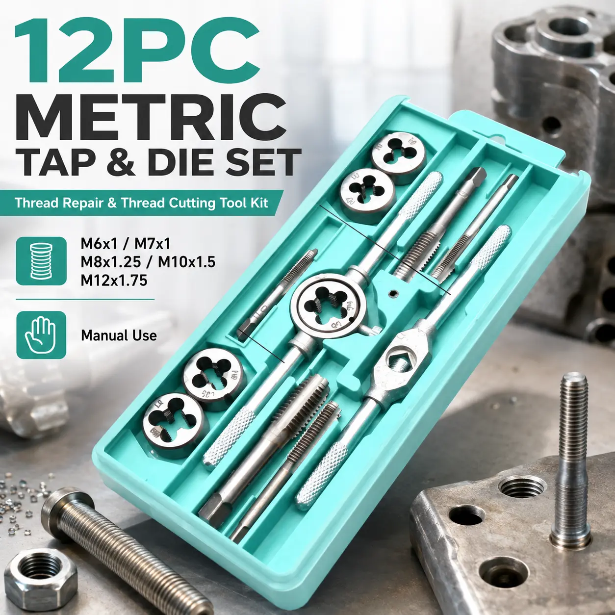12PCS Metric Tap and Die Set, Manual Thread Repair Tool Kit with 5 Taps, 5 Dies, Tap Wrench and Storage Case, M6x1 M7x1 M8x1.25 M10x1.5 M12x1.75 for Bolts, Metal Parts, Auto Repair and Workshop Use