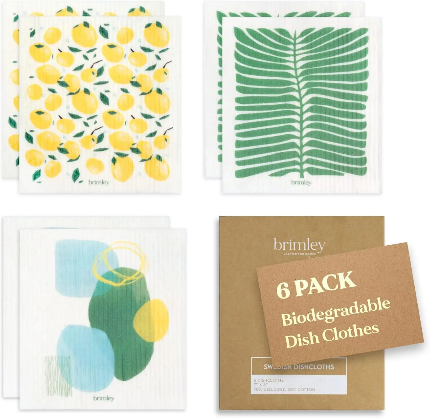 6 Pack Reusable Swedish Dishcloths, Cellulose Sponge Cloths, Eco-Friendly, Absorbent and 100% Biodegradable (Lemon)