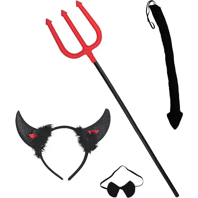 4E's Novelty Black Devil Costume Set: Horns Headband, Tail, Pitchfork, Bowtie – Devil Costume for Women Classic Devil Costume Dress-Up Kit