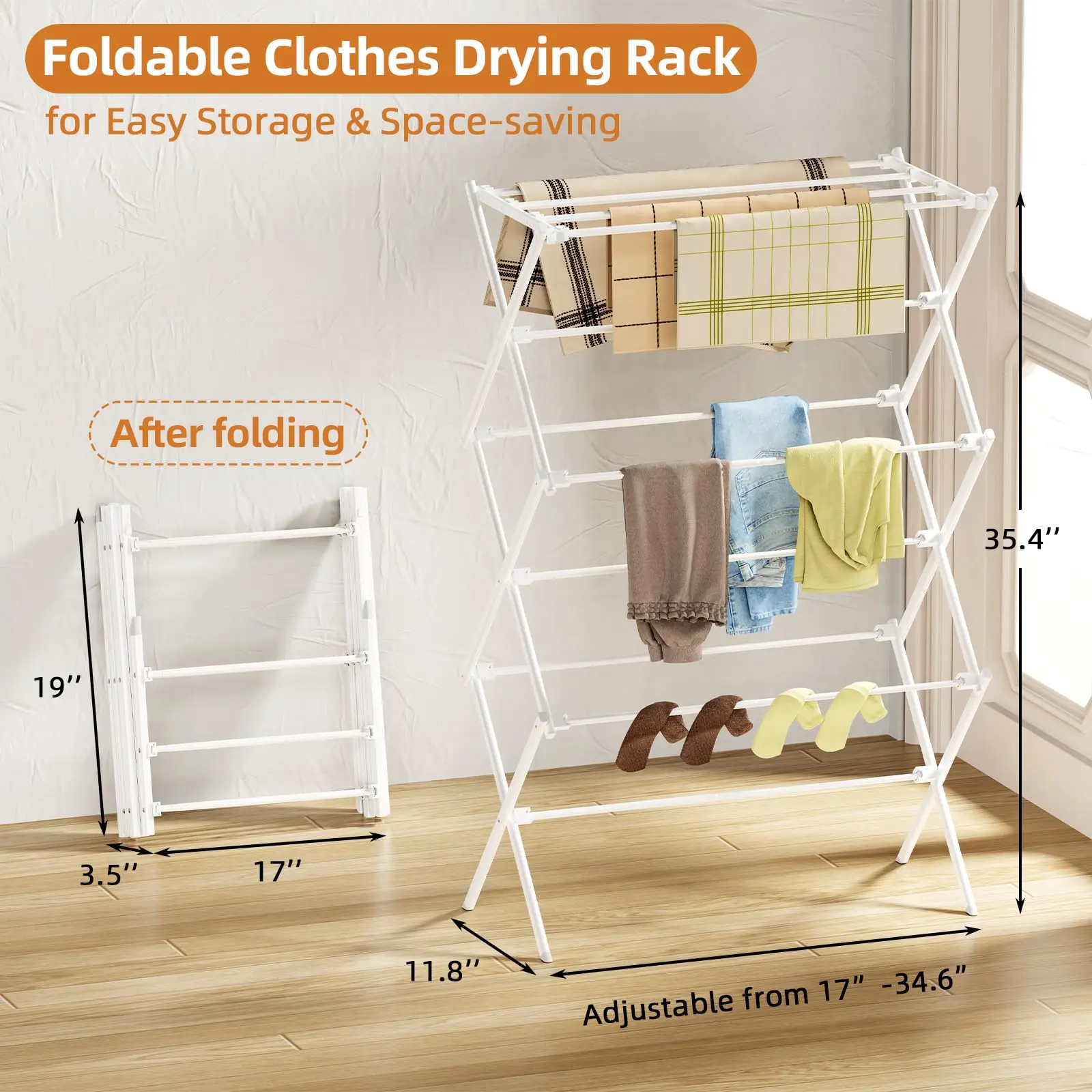 Drying Rack Clothing, 3-Tier Clothes Drying Rack Foldable, Antirust Laundry Drying Rack Collapsible Use for Indoor & Outdoor, 11.8" D x 34.6" W x 35.4" H