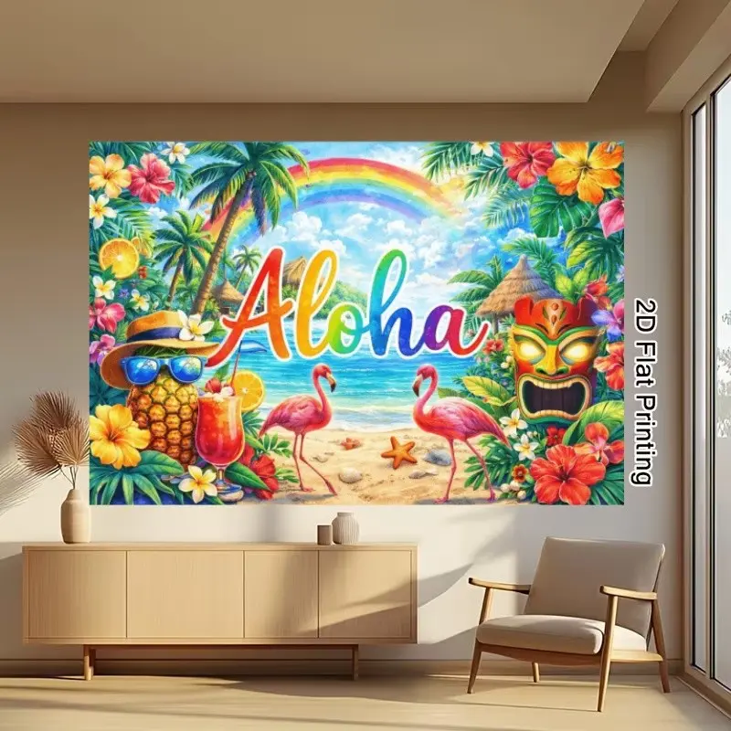 2D Flat 1PC Polyester Summer Aloha Theme Banner, Tropical Beach, Flamingo & Pineapple Design, Perfect for Indoor/Outdoor Pool Party, Hawaiian Luau Event, Tropical Themed Birthday, Bar Decor, Summer Bash & Photography Backdrop, Multi-Size Available