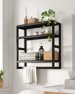 Over The Toilet Storage Bathroom Shelves Wall Mounted 3 Tier Space Saver Corner Shelf Organizer Bamboo Towel Rack Toilet Paper Cabinet with Hanging Rod Black