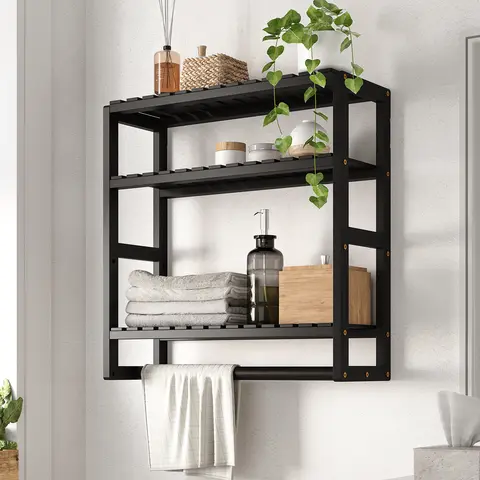 Bamworld Bamboo 3-Tiered Wall Mount Adjustable Corner Over-The-Toilet Shelf - About the Width of Toilet Tank, Hanging Rod, Paper Cabinet, Hang Towels Below, Black Decorative Organizer, Saves Floor Space for Small Rooms, Bathroom Organizing Accessories