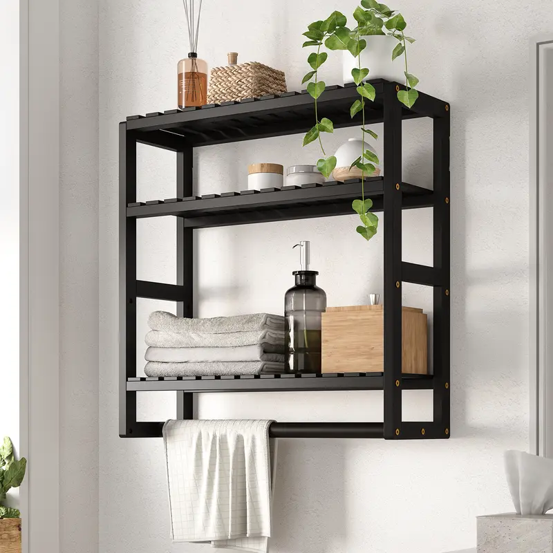Bamworld Bamboo 3-Tiered Wall Mount Adjustable Corner Over-The-Toilet Shelf - About the Width of Toilet Tank, Hanging Rod, Paper Cabinet, Hang Towels Below, Black Decorative Organizer, Saves Floor Space for Small Rooms, Bathroom Organizing Accessories