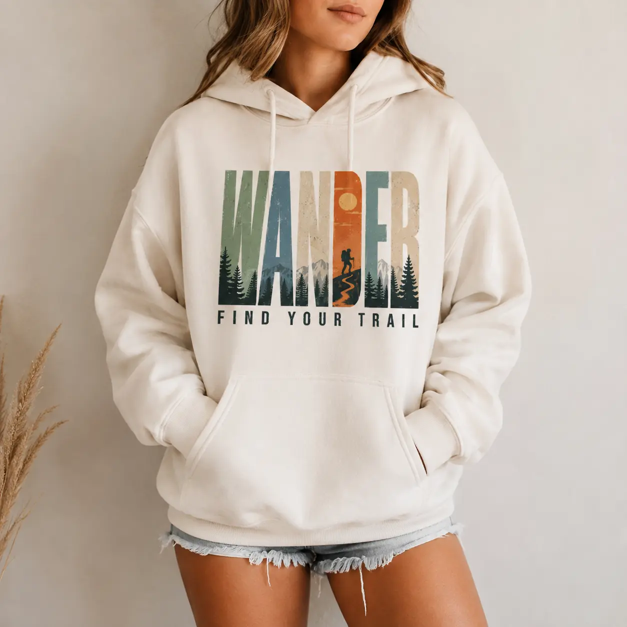 [Made in USA] Wander Find Your Trail Hoodie, Vintage Hiking Graphic Pullover Hoodie for Women, Retro Mountain Outdoor Sweatshirt with Pine Forest and Sunset Art, Adventure Travel Casual Wear and Birthday Gift