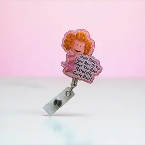 Curly Hair Humor Badge Reel – Cute Retractable ID Holder for Nurses & Professionals