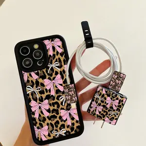 Leopard-pattern Phone Case with Charger Head Cover & Cable Protector & Storage Rope, Anti-drop Phone Case for iPhone, Casing