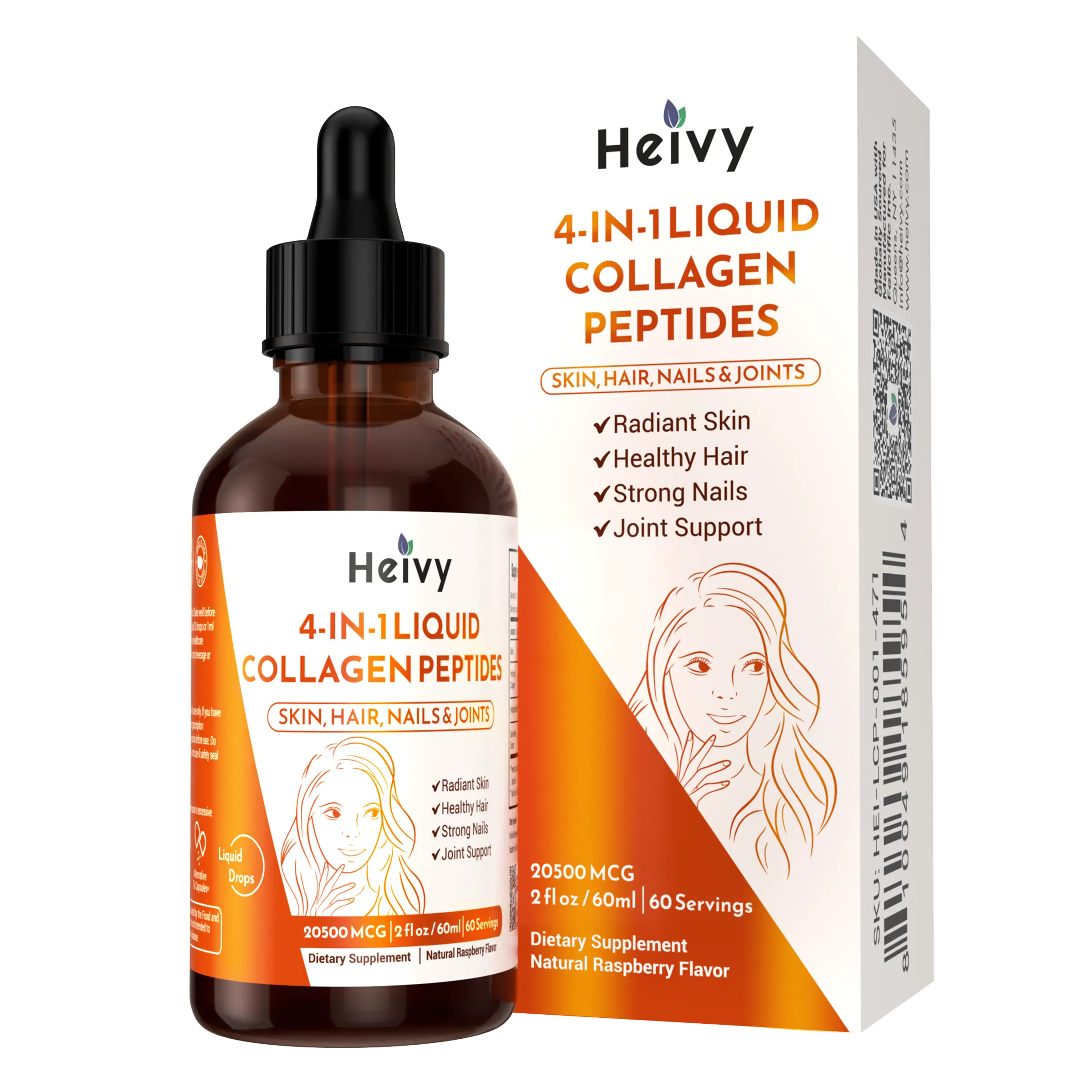 Heivy 4-in-1 Liquid Collagen Drops for Radiant Skin, Healthy Hair, Strong Nails, and Joint Health | 25,000 mcg Collagen Peptides | Raspberry Flavor, 2 fl oz (60ml)