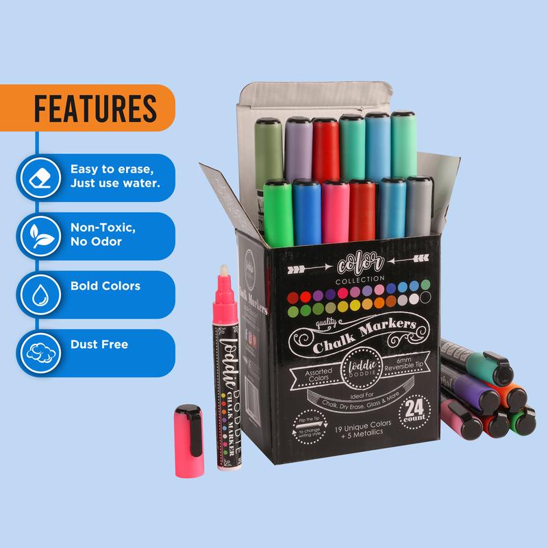 Loddie Doddie 24ct Chalk Markers - Color Collection - Erases Completely on Non-Porous Surfaces, Windows and Glass | 6mm Reversible Bullet & Chisel Tip