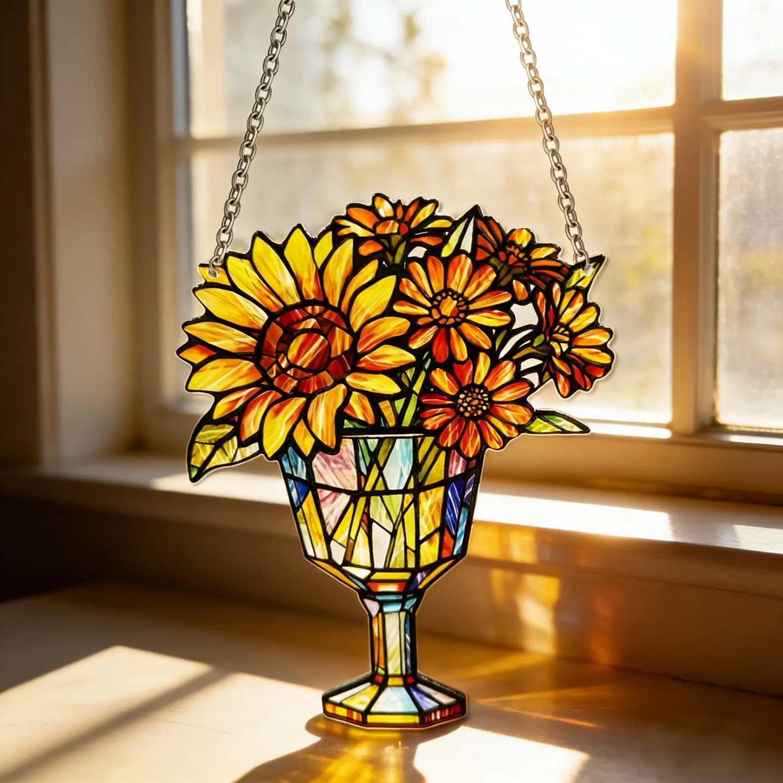 Sunflower Stained Glass Window Hanging - Handmade Sunflower Bouquet in Vase Suncatcher, Unique Housewarming Gift & Mother's Day Gift