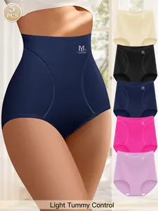Women's High Waist Ice Silk Seamless Underwear Set, Comfortable Fitted Triangle Panties for Summer, Slimming & Lift Design, Pack of 5