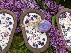 Lilac Dough Bowl & Crystals Soy Candle, Wooden Dough Bowl, Soy Wax, Bridal Gift, Intensions Candle Valentines Day Large 8.5"