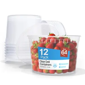 Plastic Deli Containers with Lids 64oz (Pack of 12) – Leak-Proof, BPA-Free Food Storage Containers for Soup, Slime & Meal Prep, Stackable, Microwave, Dishwasher Safe, Reusable Clear Plastic