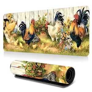 Farm Rooster Chicken Flower Large-Sized Gaming Mouse Pad, Countryside Farm Animal Art Desktop Protection Pad, Anti-Slip Rubber Lock Edge High-Definition Printing, Suitable For Computers, Laptops, Offices, Homes, Schools, Great Gift For Family And Friends