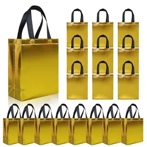 30Pcs Gold Glossy Gift Bags, Reusable Bulk Gift Bags with Black Handles and Sturdy Base, Metallic Party Favor Bags for Birthdays, Weddings, Shopping