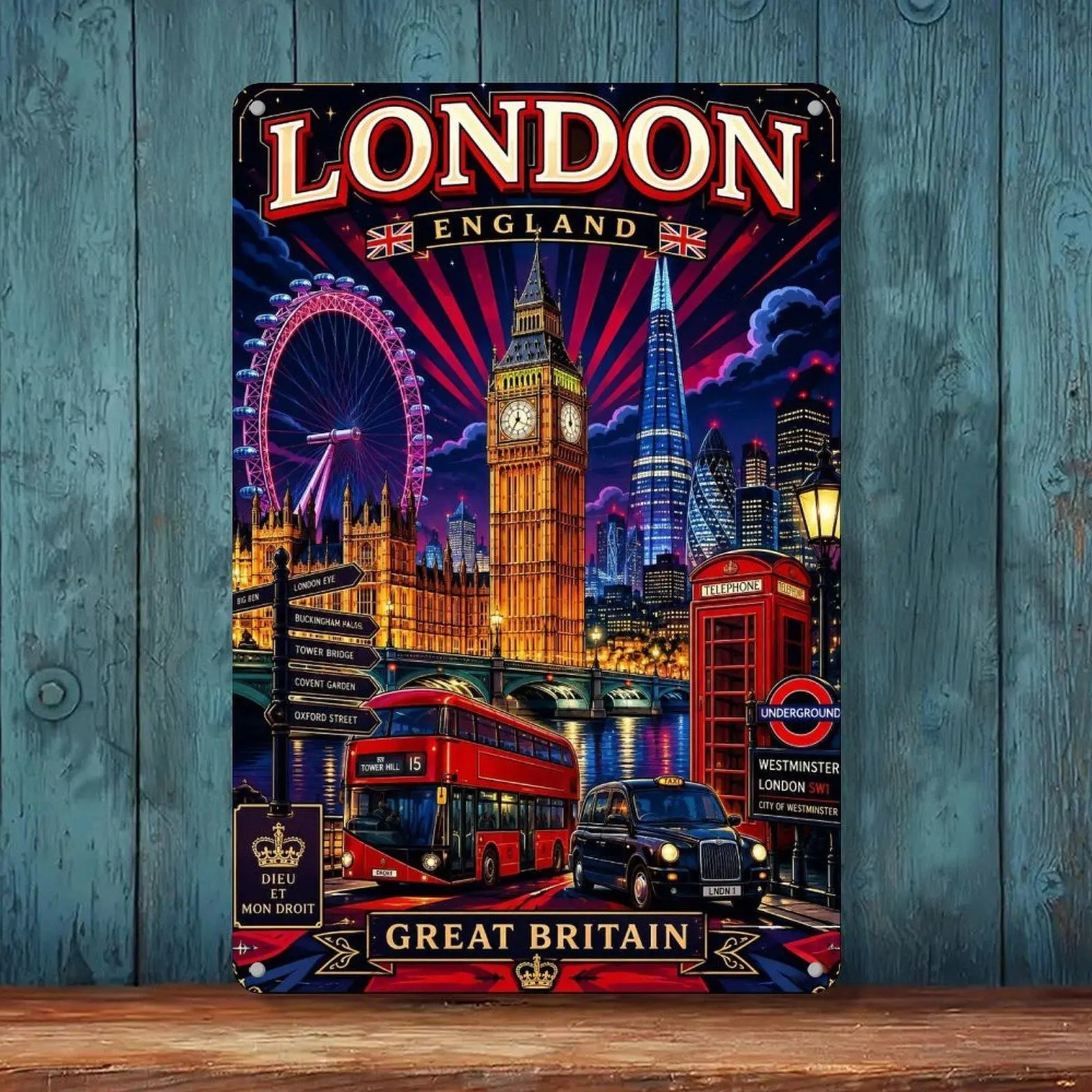 Vintage London England Night Skyline Big Ben London Eye Red Bus Metal Tin Sign 8x12in Retro British Travel City Landmark Wall Hanging Decor Poster