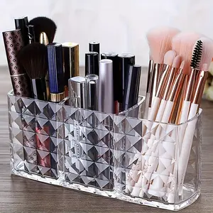 Acrylic Makeup Brush Storage Box with 3 Compartments, Makeup Cosmetic Organizer, Makeup Tool Organizer, Office Desk Organizer, Dressing Table Accessories, Drawer Organizers