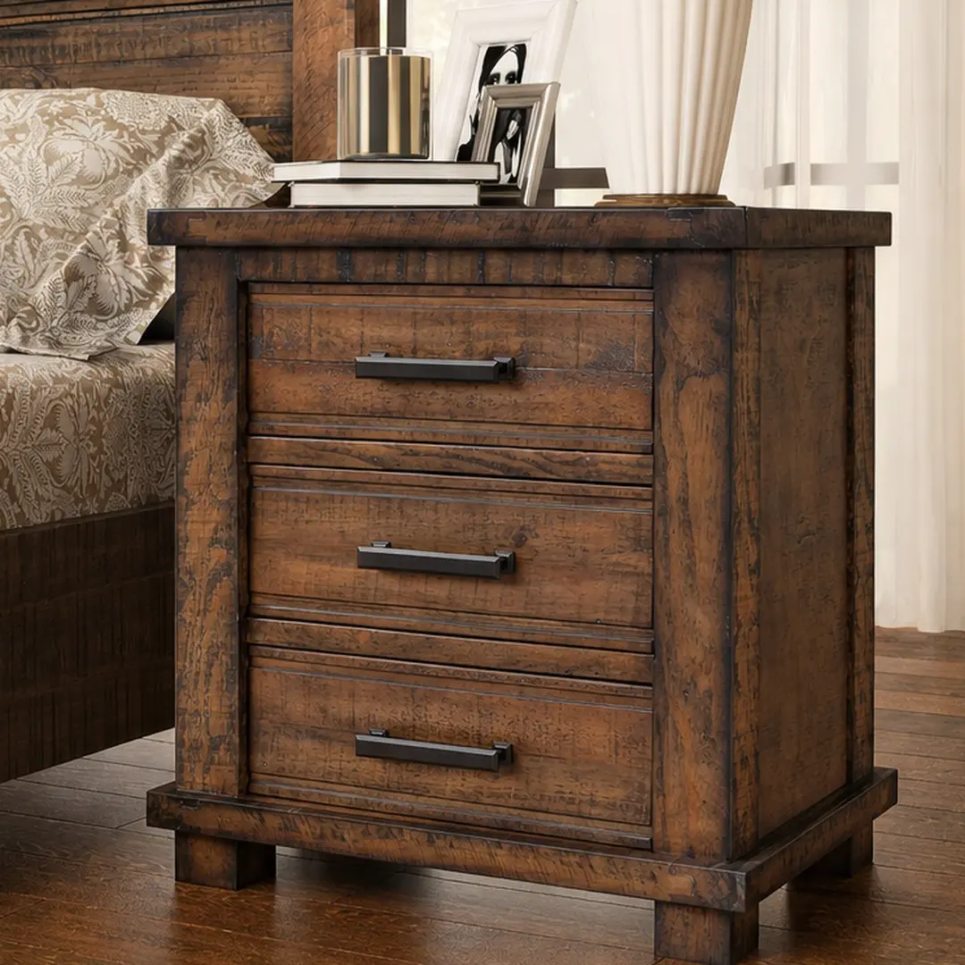 ARCH Rustic Farmhouse Nightstand with 3 Drawers, Reclaimed Solid Wood Bedside Table, Natural Oil Finish, Distressed Pine Nightstand for Bedroom, 16.5W x 24D x 24.75H, Nightstand with Storage Drawers, Natural Color Options, Solid Wood Material
