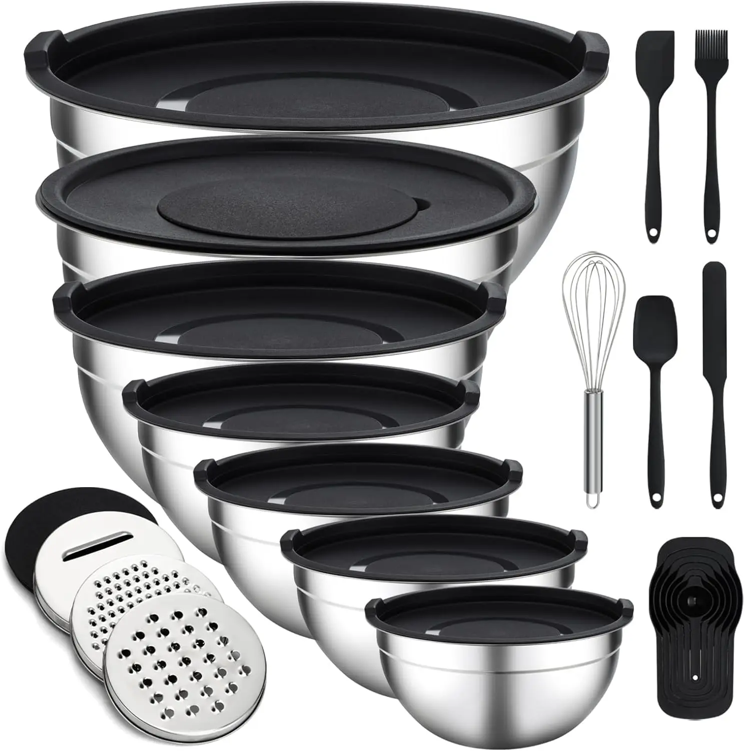 Mixing Bowls with Lids Set - 16 Pcs Stainless Steel Nesting Mixing Bowls with Grater Attachments, Mixing Bowl Set for Multi Mixing & Serving