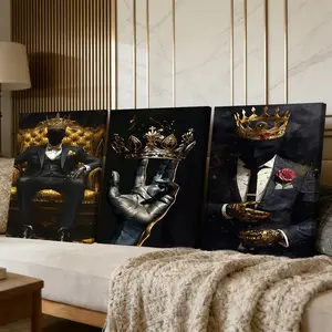 3 Counts Wooden Framed Canvas Painting, Golden Crown King Abstract Art Images, Exquisite Poster, Perfect Living Room Decoration, Modern Art, Fashion Family Poster, Wall Art Decoration, Waterproof Art