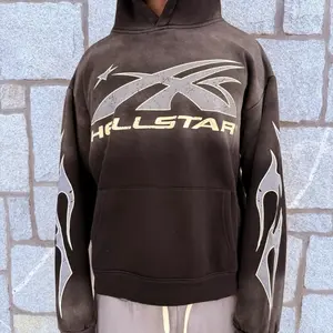 Hellstar Brand Brown Hoodie with Bold Logo and Flame Design on Sleeves for Men