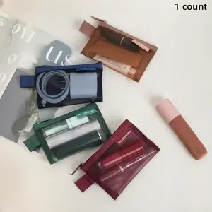 Burgundy Red Mini Lipstick Bag, Square Mesh Small Storage Bag, Portable Transparent Bag With Zipper, Multifunctional Makeup Pouch, Handheld Cosmetic Pouch, Make Up Organizer, Charger, USB Storage Bag, Suitable For Student Dormitories, Outings, And Travel