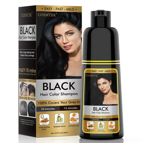COSMTEK Black 3-in-1 Hair Dye Shampoo (150ml) - Haircare, 100% Grey Coverage, Argan-Infused, Gentle, Moisturizing, Nourishing, Color-Enhancing, Olive & Ginseng Extracts, Salon-Quality for Daily Use