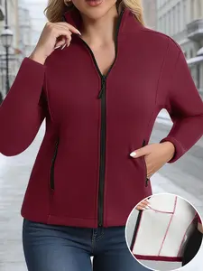 Women's Winter Fleece Lined Zipper Jacket, Warm Inner Liner, Fashion Casual Fitted Thick Coat, Long Sleeve with Pockets, Fall & Winter, Outerwear, Womenswear