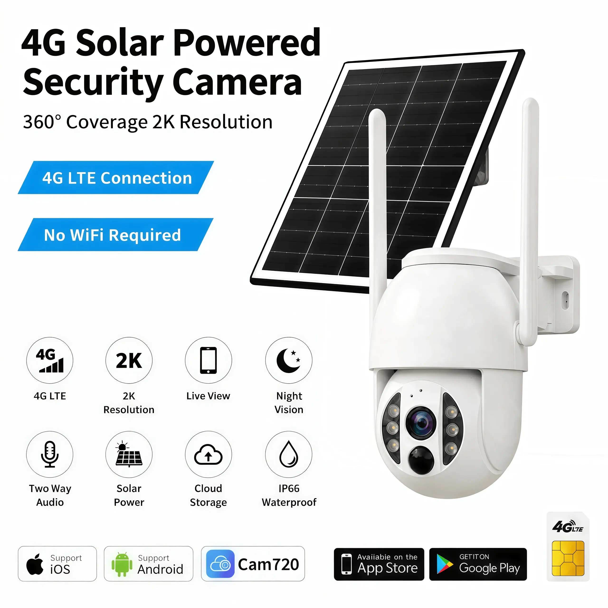 JOOAN 2K 3MP solar security camera: no need  wiring, 355° rotation/90° tilt adjustment, color night vision function, intelligent human detection function, IP66 waterproof rating, suitable  outdoor use. for
