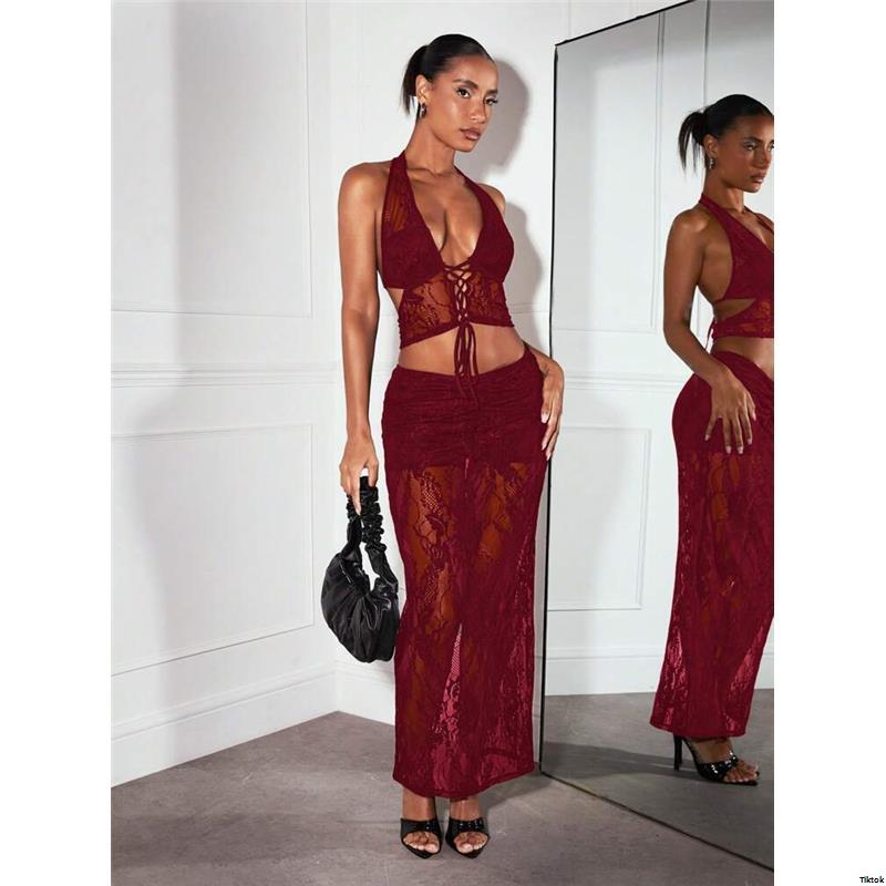 SexyWomenPartyAfternoonTeaOutfit ElegantLaceLongBeachDress tiktokBAEBlackSheerLaceHalterCriss - CrossBandageCorsetTop LowRiseLaceSkirt Music ConcertFestivalOutfit