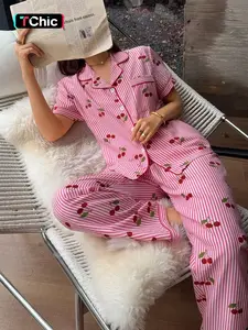 Women's Two-Piece Pajama Set, Striped Cherry Print, Button-Up Top and Bow Pants, Casual Home Wear, All Seasons