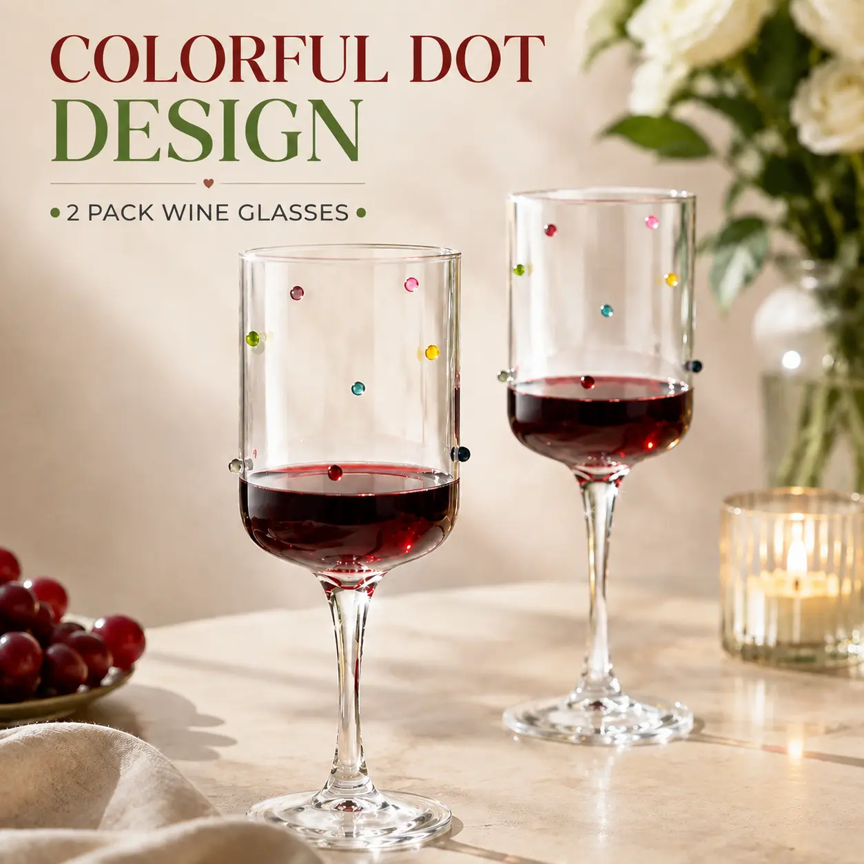 2 Pack 12oz Colorful Dot Design Borosilicate Glass Wine Glasses, Premium Crystal Clear Red Wine Glasses Set, Lead-Free Lightweight Durable Stemmed Drinking Glass Cups, Elegant Glassware for Home Bar, Dinner Party, Wedding Gift&Special Occasions #Drinkware