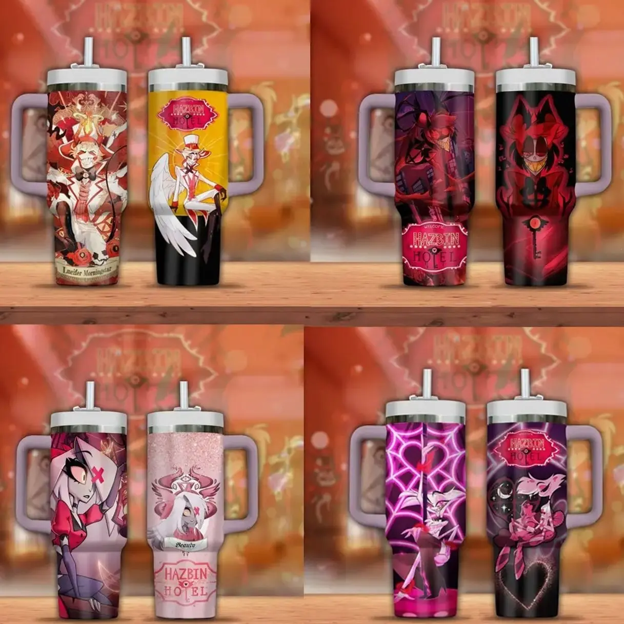 40oz Hazbil holtel Lucifer Morningstar, Vaggie, Alastor, Angel Dust Insulated Tumbler with Handle and Straw, Double Wall Vacuum Insulated Travel Mug, Trendy Collector Drinkware