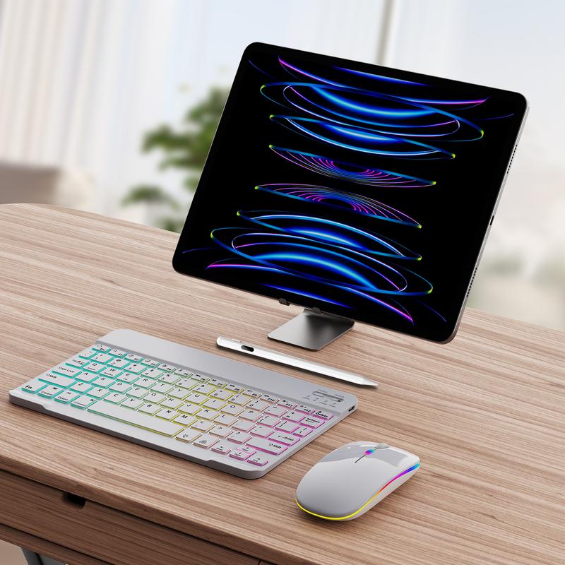 Compact & Portable Multicolor Keyboard & Mouse Set, Slim Wireless Bluetooth Keyboard, Ideal for iPad, Tablet, Laptop | Office & Home Use