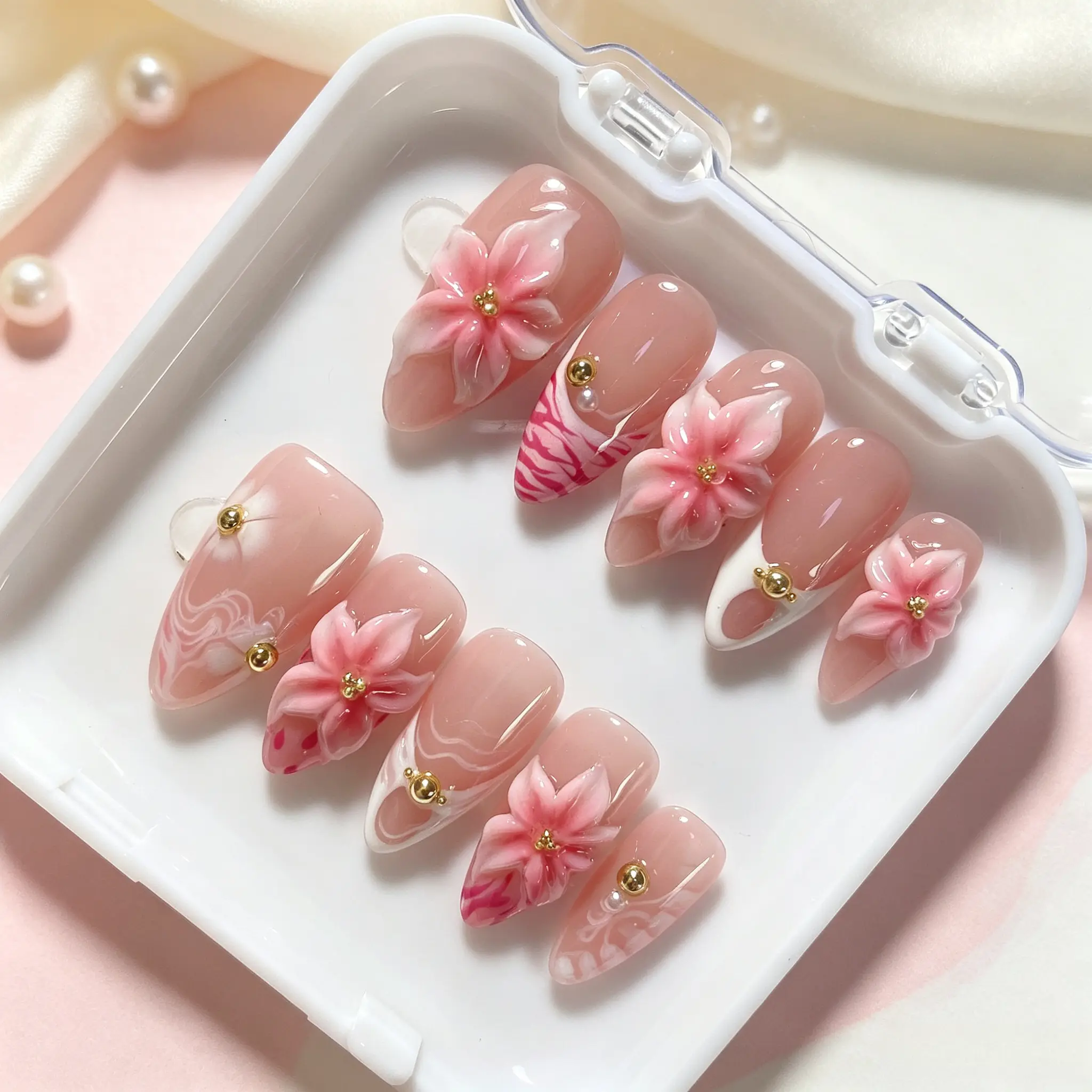 Handmade Press On Nails 10PCS Hand Painted Reusable Acrylic Fake Nails, 3D Rhinestone Butterfly Summer Fall Salon Nails For Women Girls Daily Beach Vacation