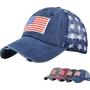 [ POPULAR PRODUCTS ] American Flag Ponytail Baseball Cap – Distressed Trucker Hat for Women, Criss Cross Pony Cap with Mesh Back, Patriotic Adjustable Summer Hat