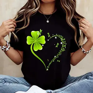 Round-neck T-shirt with four-leaf clover heart pattern, suitable for St. Patrick's Day celebrations, unisex. Printed with a lucky four-leaf clover design