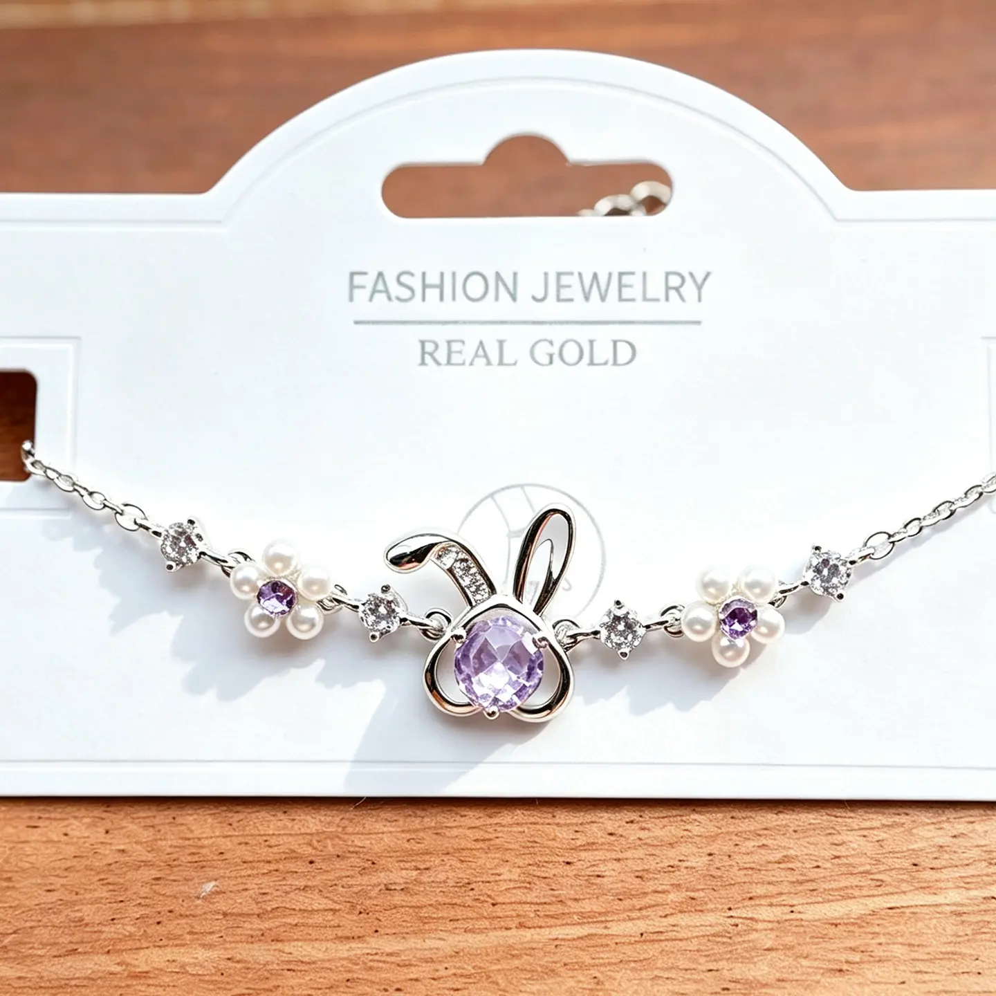 Kawaii Purple Crystal Bunny Bracelet | Adjustable Silver Tone Copper Alloy Pearl Flower Bangle | Dainty Fairycore Coquette Jewelry | Cute Rabbit Charm Gift For Her