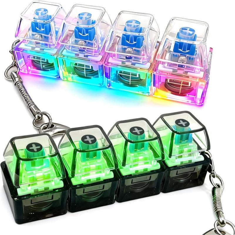 2026 NEW Glowing Keyboard Fidget Toy, 4-In-1 Decompression Button Keychain, Stress Relief Finger Clicker, Transparent Color
