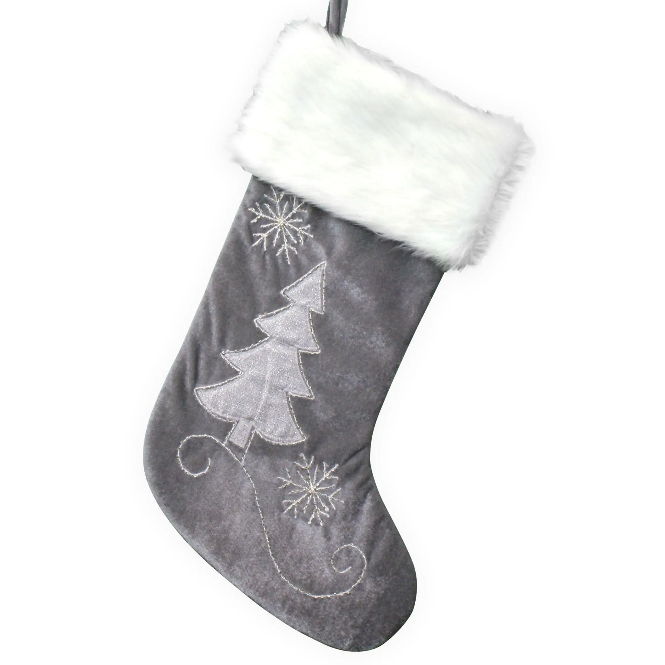 Giftsforyounow Gray Velvet Christmas Stocking  White Fur Cuff With Embroidered Tree And Snowflake Design