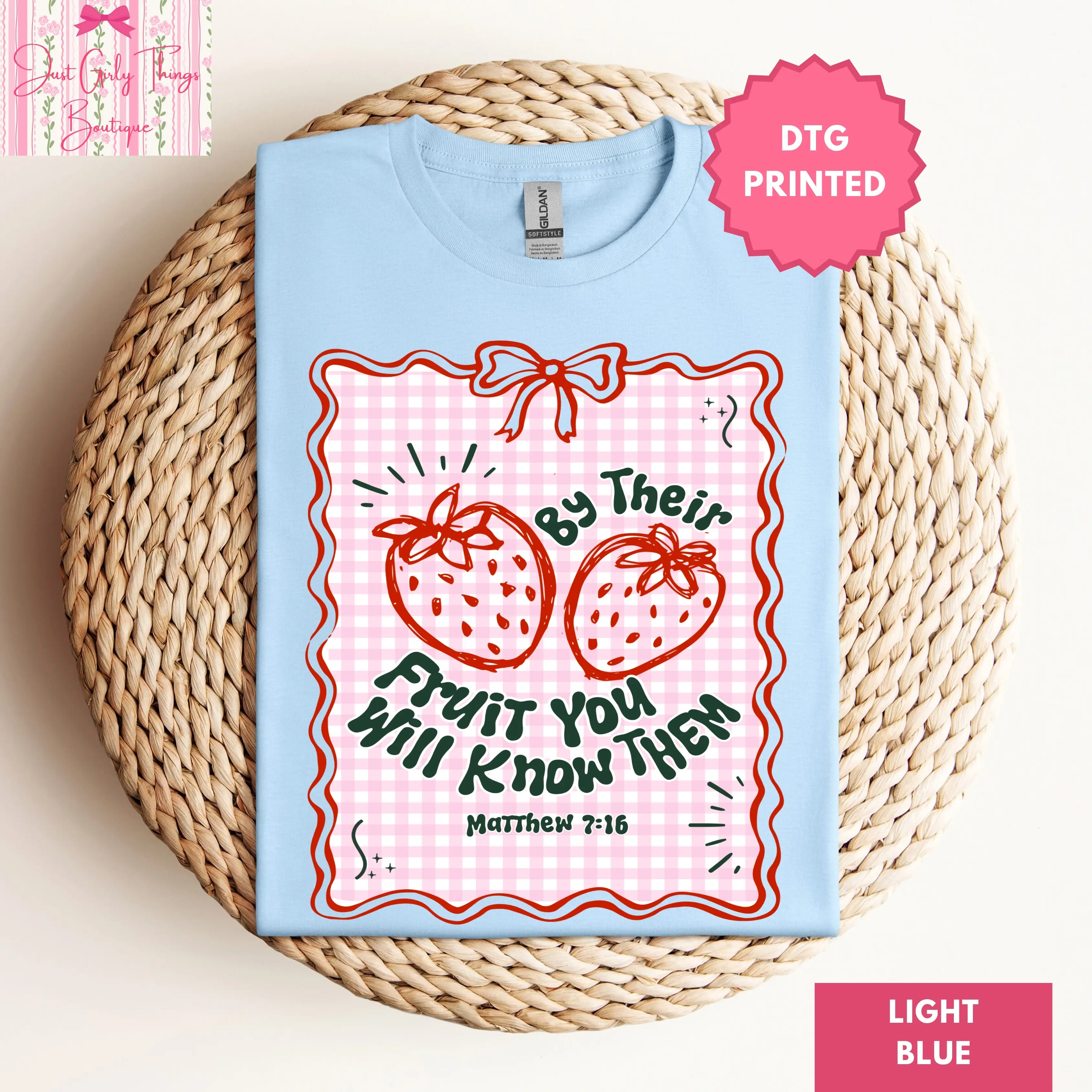 By Their Fruit You Will Know Them Shirt  - Gildan 64000 Softstyle Tee -  Coquette Strawberry Shirt, Strawberry Festival Shirt, Cottagecore Strawberry Shirt, Preppy Summer Shirt, Christian Shirt, Gingham Shirt, Fruit of the Spirit Tee, Summer Fruit Shirt